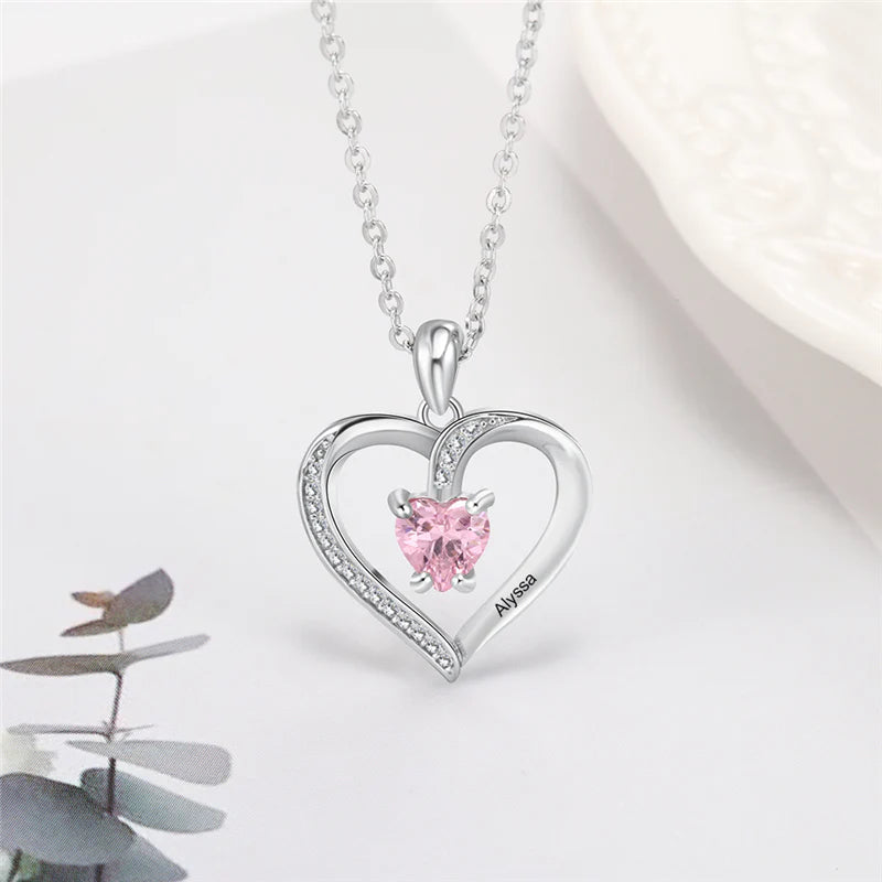 Custom 925 Sterling Silver One Birthstone Heart Necklace