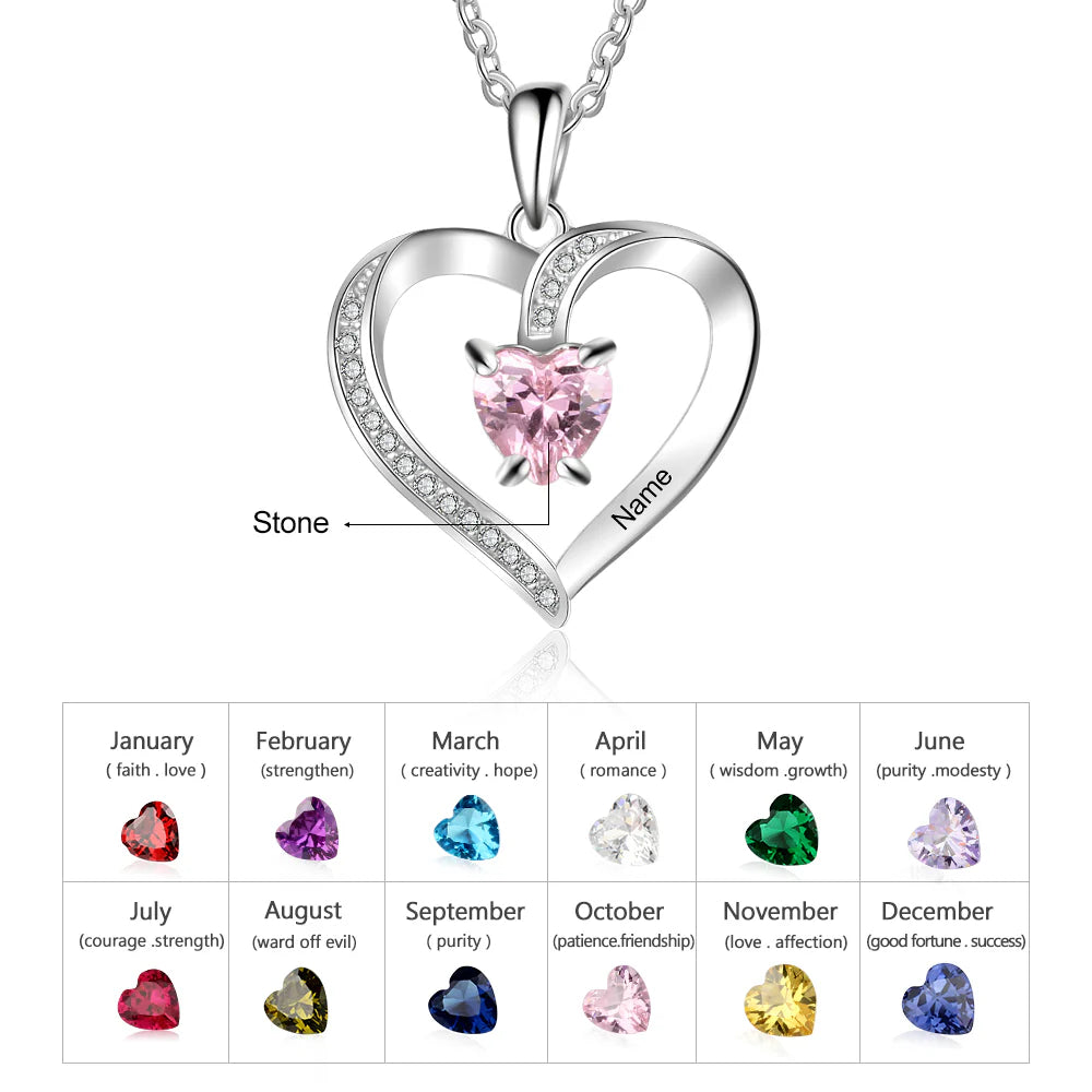 Custom 925 Sterling Silver One Birthstone Heart Necklace